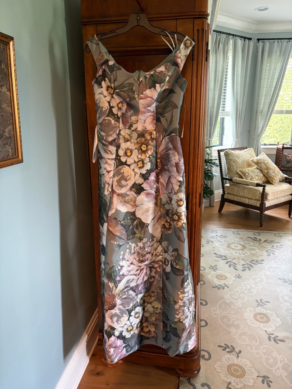 Kay Unger Floral Garland Ball Gown Sage Gray